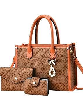 Women's Brown Tote Bag with Orange Trim and Matching Wallets